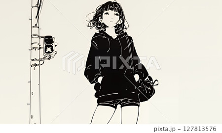 若い女性が佇む都市の街角（シンプルな色使い）