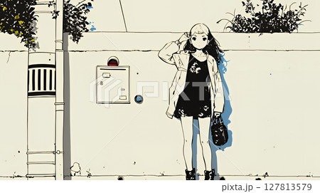 若い女性が佇む都市の街角（シンプルな色使い）