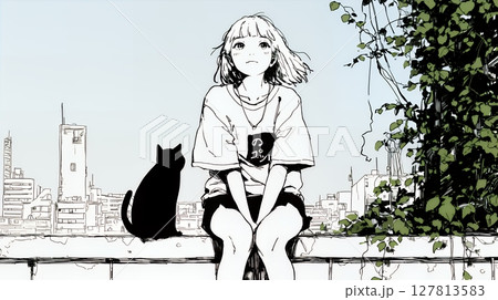 若い女性が佇む都市の街角（シンプルな色使い）