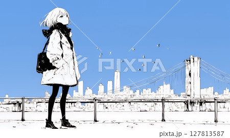 若い女性が佇む都市の街角（シンプルな色使い）
