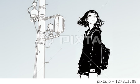 若い女性が佇む都市の街角（シンプルな色使い）