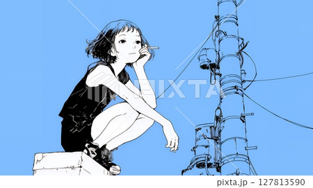 若い女性が佇む都市の街角（シンプルな色使い）