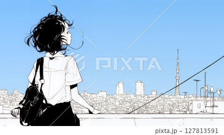 若い女性が佇む都市の街角（シンプルな色使い）