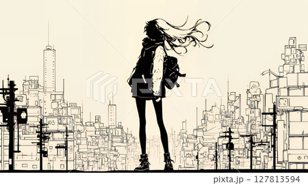 若い女性が佇む都市の街角（シンプルな色使い）