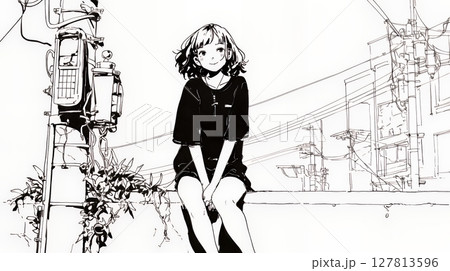 若い女性が佇む都市の街角（シンプルな色使い）