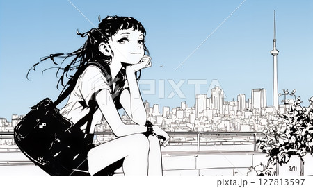 若い女性が佇む都市の街角（シンプルな色使い）