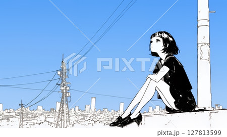 若い女性が佇む都市の街角（シンプルな色使い）