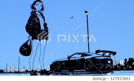 若い女性が佇む都市の街角（シンプルな色使い）
