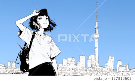 若い女性が佇む都市の街角（シンプルな色使い）