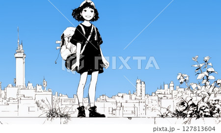 若い女性が佇む都市の街角（シンプルな色使い）
