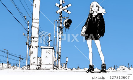 若い女性が佇む都市の街角（シンプルな色使い）