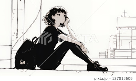 若い女性が佇む都市の街角（シンプルな色使い）