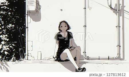 若い女性が佇む都市の街角（シンプルな色使い）