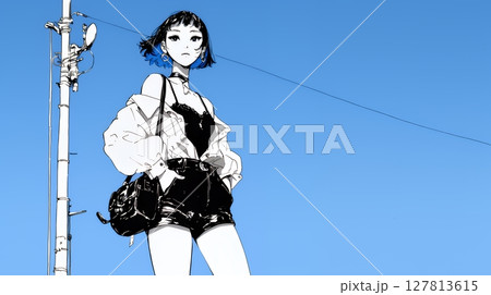 若い女性が佇む都市の街角（シンプルな色使い）