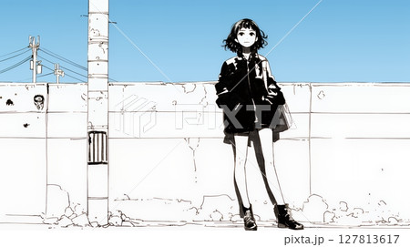 若い女性が佇む都市の街角（シンプルな色使い）