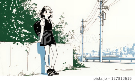 若い女性が佇む都市の街角（シンプルな色使い）