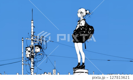 若い女性が佇む都市の街角（シンプルな色使い）