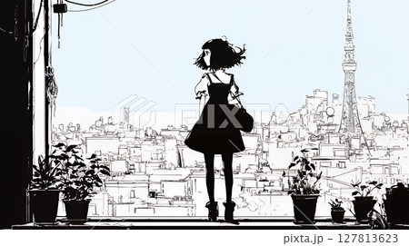 若い女性が佇む都市の街角（シンプルな色使い）