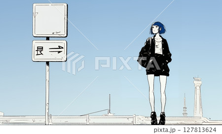 若い女性が佇む都市の街角（シンプルな色使い）