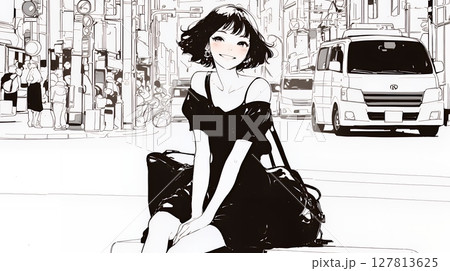 若い女性が佇む都市の街角（シンプルな色使い）