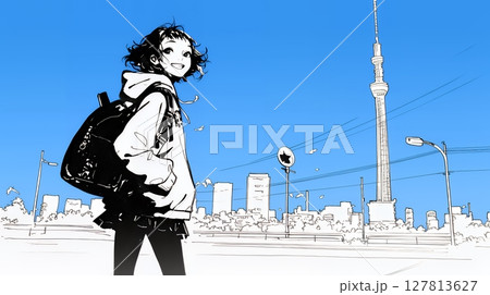 若い女性が佇む都市の街角（シンプルな色使い）