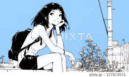 若い女性が佇む都市の街角（シンプルな色使い）