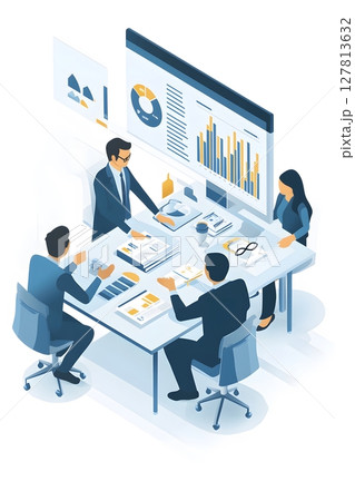 a creative agency team working on a brand success campaign around a table 127813632