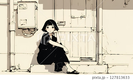 若い女性が佇む都市の街角（シンプルな色使い）