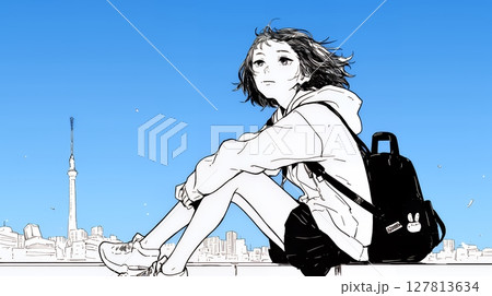 若い女性が佇む都市の街角（シンプルな色使い）