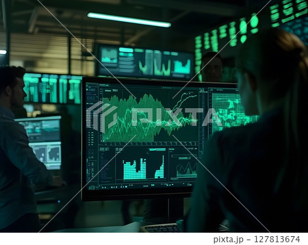 graph turning green on screen as team works in background 127813674