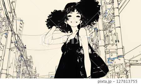若い女性が佇む都市の街角（シンプルな色使い）