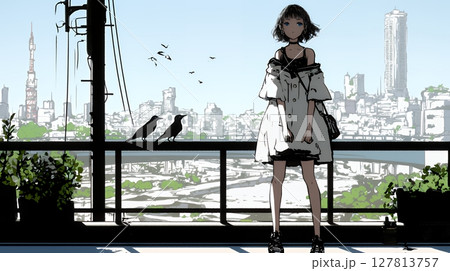 若い女性が佇む都市の街角（シンプルな色使い）