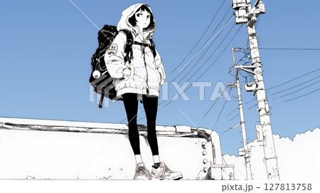 若い女性が佇む都市の街角（シンプルな色使い）