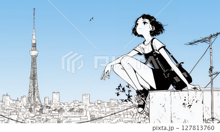 若い女性が佇む都市の街角（シンプルな色使い）