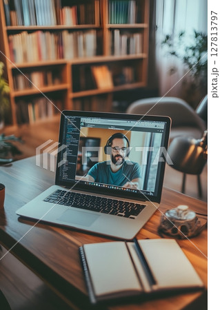 person attending webinar on laptop with notebook and headphones on wooden desk person attending webinar on laptop with notebook and headphones on wooden desk 127813797