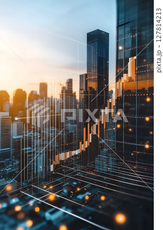 a modern high-rise next to rising bar chart and growth curve 127814213