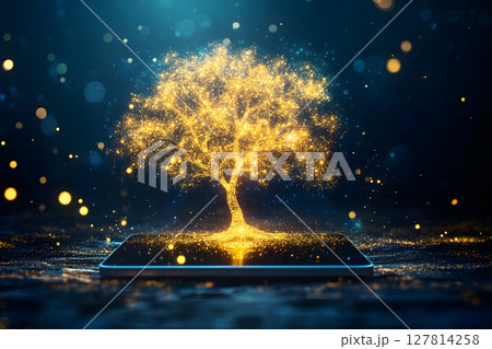 glowing tree of wealth branching from digital tablet 127814258