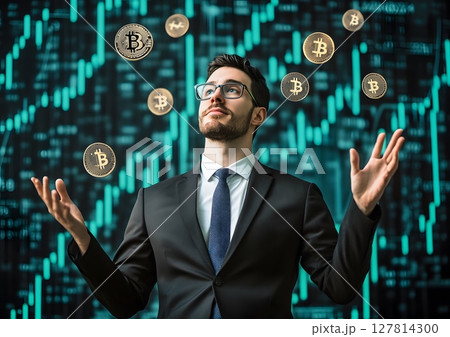 a concept image of a businessman juggling bitcoin, ethereum, and graphs a concept image of a businessman juggling bitcoin, ethereum, and graphs 127814300