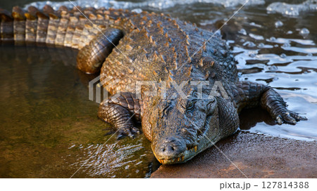 Large Mugger crocodile rests at the edge of a shallow water body in Yala National Park, Sri Lanka. Rough, scaly skin glistening in the light. Large Mugger crocodile rests at the edge of a shallow water body in Yala National Park, Sri Lanka. Rough, scaly skin glistening in the light. 127814388