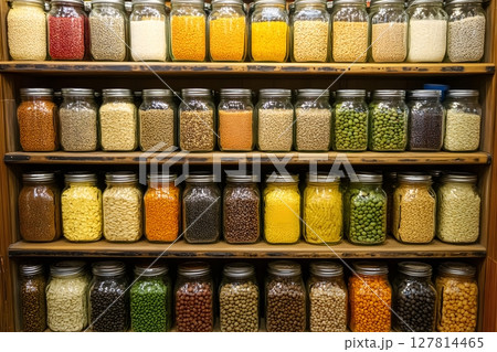 3D shelf of organic grains, seeds, and legumes in glass jars 127814465