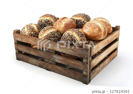 3D open crate of organic bread and whole grain rolls 127814501