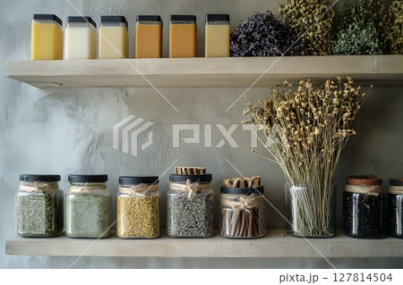 3D shelf view of dried herbs, roots, and handmade soap 127814504