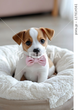 cute puppy wearing bow sitting on pet bed cozy living room 127814561