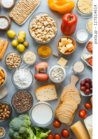 overhead view of fresh grocery items on kitchen counter clean layout overhead view of fresh grocery items on kitchen counter clean layout 127814614
