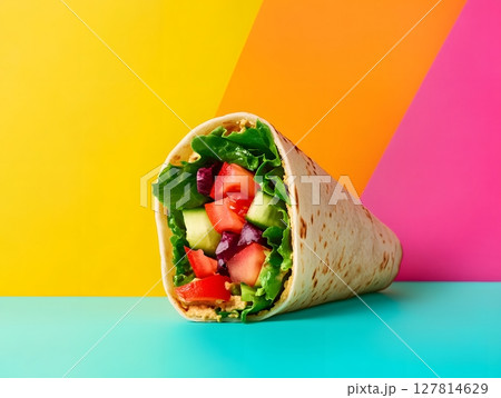 3D vegan wrap with lettuce tomato hummus and colorful background 3D vegan wrap with lettuce tomato hummus and colorful background 127814629