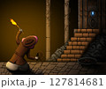 A mysterious archaeologist in search of unknown locations. Cave, explorer, Indiana, torch and whip. 127814681
