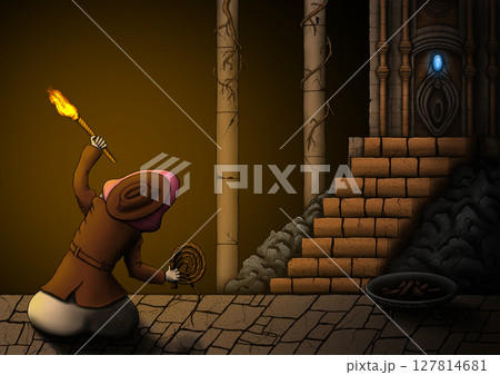 A mysterious archaeologist in search of unknown locations. Cave, explorer, Indiana, torch and whip. A mysterious archaeologist in search of unknown locations. Cave, explorer, Indiana, torch and whip. 127814681