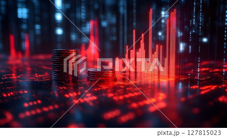 rising financial metrics, coin stack and red arrow up, business growth theme, 127815023