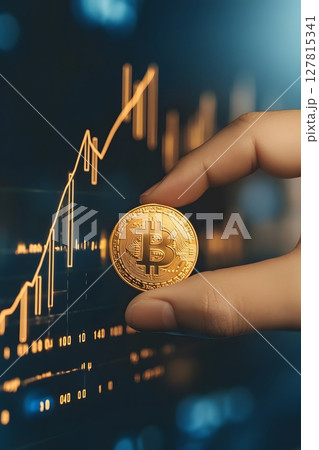 3D digital art of financial growth, coin held by hand, upward arrow and percent 127815341