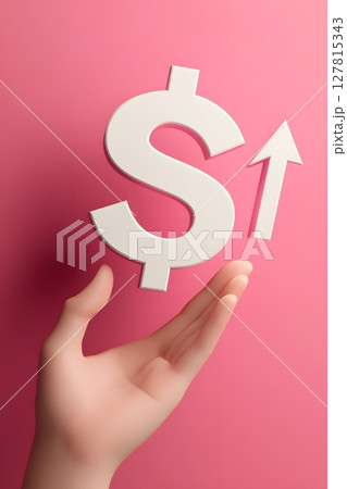 cartoon 3D financial symbol, coin in hand, percent, arrow rising 127815343